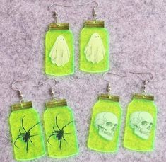 1 pair of Skull ghost halloween drop earrings, florescent green spider bottle dangle earrings Green Novelty Earrings For Halloween, Green Novelty Jewelry For Halloween, Green Halloween Party Earrings, Green Halloween Dangle Earrings, Crazy Earrings, Green Spider, Skull Ghost, Spider Earrings, Earrings Acrylic