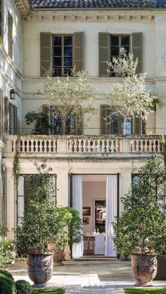 a large white building with lots of windows and plants on the front porch, along with potted trees