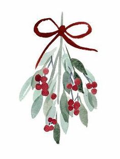 a watercolor painting of berries and green leaves with a red ribbon hanging from it