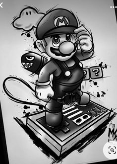 a drawing of mario on top of a record player