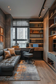 a living room filled with furniture and bookshelves in front of a large window