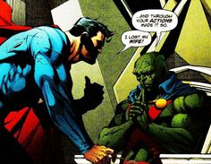 a comic book page with an image of two superheros and one is talking to each other