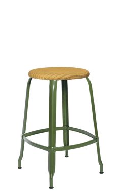 the backless stool is made from metal and has a black seat pad on it