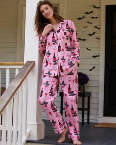 Witch's Brew - Long PJ Set - Pink Potion Pink Cotton Sleepwear For Fall, Fitted Cotton Sleepwear For Overnight, Pink Potion, Horse Shop, Tender Love, Cat City, Halloween Pajamas, Witch's Brew, Satin Set