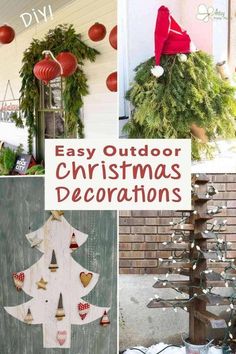 an outdoor christmas decoration collage with red and white decorations