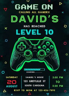 a flyer for a video game event with a neon green controller on the front and back