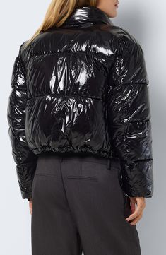 A shiny finish lends trend-right charm to this cropped puffer jacket that's designed for warm coverage when the temp drops. Front zip closure Stand collar Long sleeves Lined, with 100% polyester fill 100% nylon Machine wash, dry flat Made in China Shiny Long Sleeve Winter Outerwear, Cropped Winter Outerwear With Zipper, Cropped Outerwear With Zipper Closure For Winter, Trendy Cropped Jacket With Zip Fly For Winter, Shiny Puffer Jacket, Cropped Puffer Jacket, Summer Kimono, Winter Girls, Summer Jacket