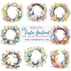 easter wreaths with flowers and eggs on them, all in watercolor paint style