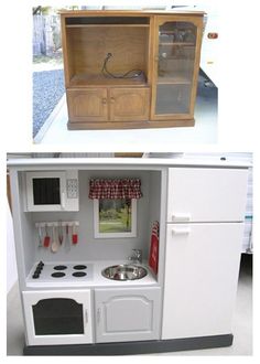 two pictures show the inside and outside of a toy kitchen set, one in white with black trim