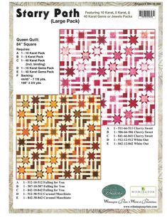 the stary path quilt pattern is shown in three different colors and sizes, including one red