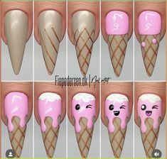 Nail Art Ideas Step By Step, Ramen Noodle Nails, Nail Art Competition Ideas, Step By Step Nail Art Easy, Smores Nails, How To Draw Nail Art, Ice Cream Cone Nails, Nail Art Designs Cartoon, Ice Cream Nails Designs