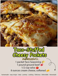 taco - stuffed cheesy pockets recipe with instructions on the bottom and side