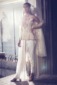 Shop for Riraan Couture White Pure Silk Kurta And Dhoti Pant Set for Women Online at Aza Fashions V Neck Kurta, Ruffle Dupatta, Pleated Drapes, Dhoti Pants, White Kurta, White Peplum, Silk Kurta, Peplum Styling, Peplum Styles