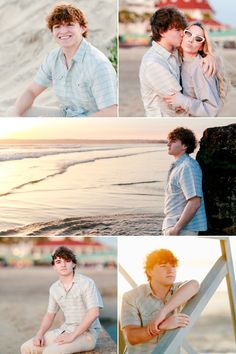 four different shots of people on the beach and in front of the water, with one man holding his arm around the woman's neck