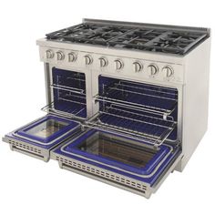 two blue ovens are shown side by side with the top open and bottom closed