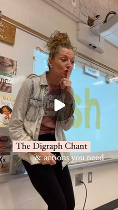 a woman standing in front of a whiteboard with the words the diggraph chart and acts you need