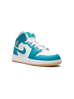 Air Jordan 1 Mid sneakers from Jordan Kids featuring aqua blue, white, gold-tone, leather, panelled design, signature Swoosh logo detail, signature Air Jordan Wings logo, signature Jumpman motif, perforated toebox, round toe, front lace-up fastening and flat rubber sole. These styles are supplied by a premium sneaker marketplace. Stocking only the most sought-after footwear, they source and curate some of the most hard to find sneakers from around the world.. Sporty Low-top Jordan Shoes With Gum Sole, Blue High-top Basketball Shoes With Gum Sole, Blue Mid-top Custom Sneakers With Gum Sole, Blue High-top Sneakers With Gum Sole, Sporty High-top Jordan Shoes With Gum Sole, Sporty Mid-top Jordan Shoes With Gum Sole, Jordan Shoes With Gum Sole And White Sole, Blue High-top Lace-up Sneakers With Gum Sole, Sporty Lace-up Jordan Shoes With Gum Sole