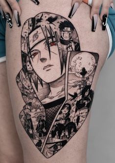 a woman's thigh with an image of naruta and other characters on it