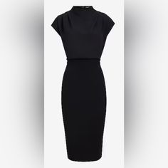 Designed With A Super Sleek Mock Neck, This Sheath Dress Is The Perfect Pick For Your Next Work Presentation Or Just A Day In The Office. Pair It With Your Best Heels For A Sophisticated And Chic Outfit. Features & Fabric Mock Neck Hidden Back Hook And Zip Closure Short Pleated Sleeves Straight Hem; Midi Length Length: 45" 36% Recycled Polyester/ 60% Polyester/ 4% Spandex Size Xxs Black Chic High Neck Bodycon Work Dress, Chic High Neck Bodycon Dress For Work, Fitted High Neck Midi Dress For Work, Fitted High Neck Dress For Work, Solid High Neck Bodycon Dress For Work, Sleek High Neck Midi Dress For Work, High Neck Stretch Bodycon Dress For Work, Elegant High Neck Bodycon Dress For Work, High Neck Black Bodycon Dress For Work