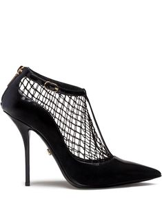 Black goatskin/calf leather net overlay pumps from DOLCE & GABBANA featuring buckle-fastening ankle strap, pointed toe, high stiletto heel and net overlay. | Dolce & Gabbana Net Overlay Pumps Dolce Gabbana Shoes, Monochrome Fashion, Dolce E Gabbana, Women Boots, Shoe Closet, Leather Buckle, Rock Star, Black Pumps, Punk Fashion