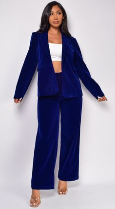 Blue Workwear Sets For Fall, Blue Notch Lapel Pantsuit For Fall, Blazer Wide Leg Pants, Blue Velvet Suit, Blue Velvet Blazer, Velvet Suit, Blazer Set, Velvet Blazer, Dresses Backless