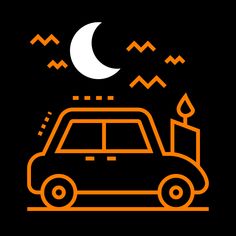 an orange line drawing of a car with the moon in the background