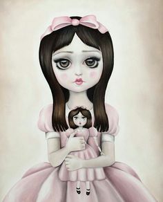 a painting of a girl holding a doll with big eyes and brown hair, wearing a pink dress