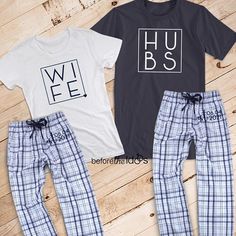 two t - shirts and pants with the words hub on them are laying next to each other