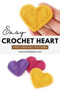 two crocheted hearts are shown in different colors and sizes, with the text easy crochet heart free crochet pattern