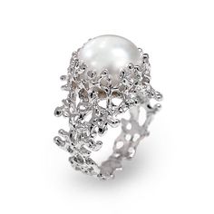 This unique sterling silver coral ring is a part of our signature collection inspired by my fascination for the living sculptures created by corals. The pearl is a large, top quality white freshwater pearl. This organic, natural looking ring, is refined and at the same time spectacular. The pearl is set on a pin, and is firmly held by the coral structure. SEE THE ACTUAL RING IN 360 DEGREE VIDEO ON OUR YOUTUBE CHANNEL - https://youtu.be/Ko_Mle4RA5k All our jewelry, personally designed by Arosha, Gold Pearl Engagement Ring, Coral Structure, Organic Gold Ring, White Gold Pearl Ring, Ruby Band Ring, Black Pearl Ring, White Pearl Ring, Unique Silver Rings, Pearl Engagement Ring