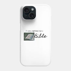 a white phone case with the words bible on it and an open book in front