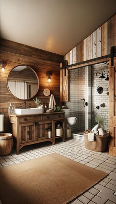 a bathroom with wooden walls and tile flooring