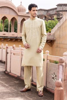 Light gold kurta with monochrome metal work in drops and floral motifs. Paired with matching aligadi pant. - Aza Fashions Floral Work, Metal Work, Buy Gold, Pants Pattern, Aza Fashion, Floral Motif, Metal Working, Mens Pants, Types Of Sleeves