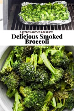 broccoli is being cooked in an oven with foil on top and the words delicious smoked