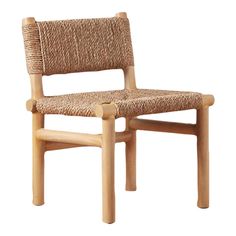 a chair made out of wood and wicker with a seat cushion on the back