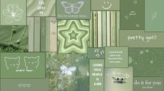 a collage of green and white images with words written in different languages on them