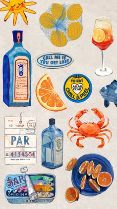 a painting of various types of food and drinks on a white surface with oranges