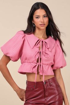 Playful and sophisticated, the Glamorous Instant Crush Pink Tweed Puff Sleeve Top will always get you compliments! Lightweight woven tweed shapes short puff sleeves (with elastic at the cuffs) that frame a cropped bodice with an oversized collar and a trio of cute ties at the front. Peplum-style hem (with elastic) completes the look. Fit: This garment fits true to size. Length: Size medium measures 16.5" from shoulder to hem. Bust: Great for any cup size. Waist: Loosely Fitted. Undergarments: Ma Rhinestone Hoop Earrings, Pink Tweed, Oversized Collar, Peplum Styles, Puff Sleeve Top, Cup Size, Top 100, Puff Sleeves, Peplum Top