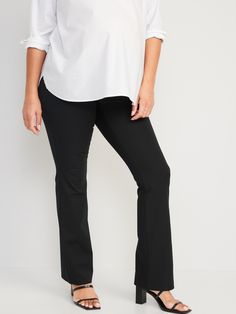 The stretchy profesh pant you love, in a just-right flare.  Pull-on waist, with belt loops & elastic side panels.  Faux fly.  Decorative welt pockets at back.  Soft-brushed twill with two-way stretch.  Sits below belly, with discreet elastic at hip.  Fitted hip and thigh.  Flared leg hits below ankle.  32" inseam.  Model is approximately 5'9" and wears a size M (numeric size 8). Machine wash cold, tumble dry low.  cotton 55% spandex 8% rayon 37% Pixie Pants, Old Navy Maternity, Pajamas Gift, Perfect Pant, Womens Maternity, Bottom Clothes, Flare Pants, Maternity Fashion, Panel Siding