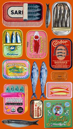 an orange background with some fish and tins on it's sides, all in different colors