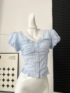 Color: Blue, Size: L Aesthetic Crop Top, Mori Girl Aesthetic, Preppy 2000s, Vintage Striped Shirt, Cute Core, Summer Outfits Y2k, Denim Crop Top, Vintage Crop Tops, Y2k Summer