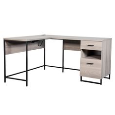 an l shaped desk with two drawers and a shelf on one side, in grey oak