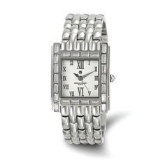 Stainless steel Charles Hubert women's watch featuring 27x32mm case, crystals on bezel, mineral crystal, push button deployment buckle clasp, Roman numerals with silver-tone hands on silver dial and Japanese quartz movement. Comes with 3 ATM water resistant and lifetime warranty on movement type. Watch band measures approximately 8 1/2"L x 11/16"W. Bow Jewelry, Jewelry Companies, Black Bow, Stainless Steel Band, Roman Numerals, Stainless Steel Watch, Minerals Crystals, Watch Brands, Quartz Movement