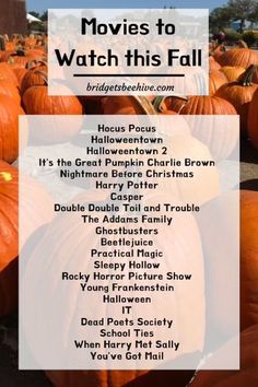 a large group of pumpkins with the words movies to watch this fall