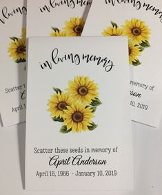 sunflowers are on the back of these wedding program cards for guests to sign