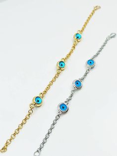 Blue Evil eye bracelet is adjustable so it comfortably fits on any wrist. Lenght of the nazar bracelet is 20.5 cm There are 3 evil eye beads on the Turkish eye jewelry. Evil Eye beads are double sided. Dainty evil eye bracelet would be the perfect gift for someone special. For more evil eye bracelets, click the link below; https://www.etsy.com/shop/EyeDesignsbyGG?ref=search_shop_redirect&section_id=30219689 Adjustable Metal Evil Eye Charm Bracelet, Blue Metal Spiritual Bracelets, Spiritual Blue Metal Bracelets, Adjustable Nickel-free Blue Chain Bracelet, Adjustable Blue Nickel-free Chain Bracelet, Blue Metal Bracelets With Evil Eye, Blue Metal Bracelet With Evil Eye, Blue Charm Bracelet With Adjustable Chain, Blue Evil Eye Metal Bracelet