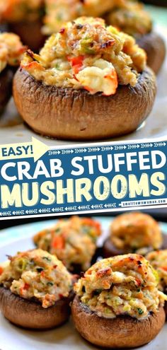 some stuffed mushrooms are on a plate with the words, quick and creamy crab stuffed mushrooms