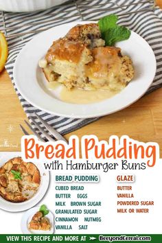 an advertisement for bread pudding with hamburger buns on a plate next to orange slices