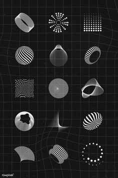 an array of different shapes and sizes on a black background with white lines in the middle