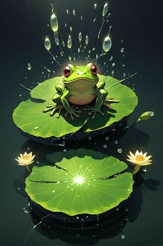 a frog sitting on top of a lily pad with water droplets falling from its wings